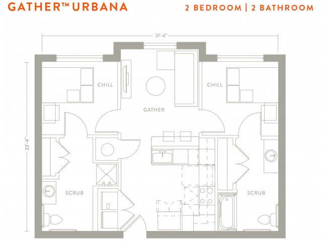 2 Bed, 2 Bath Classic floor plan