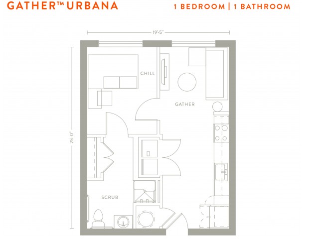 1 Bed, 1 Bath Classic floor plan