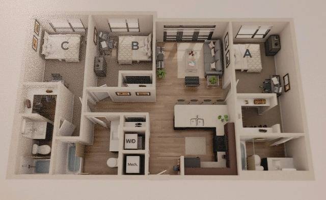 3 Bed, 3 Bath Courtyard floor plan
