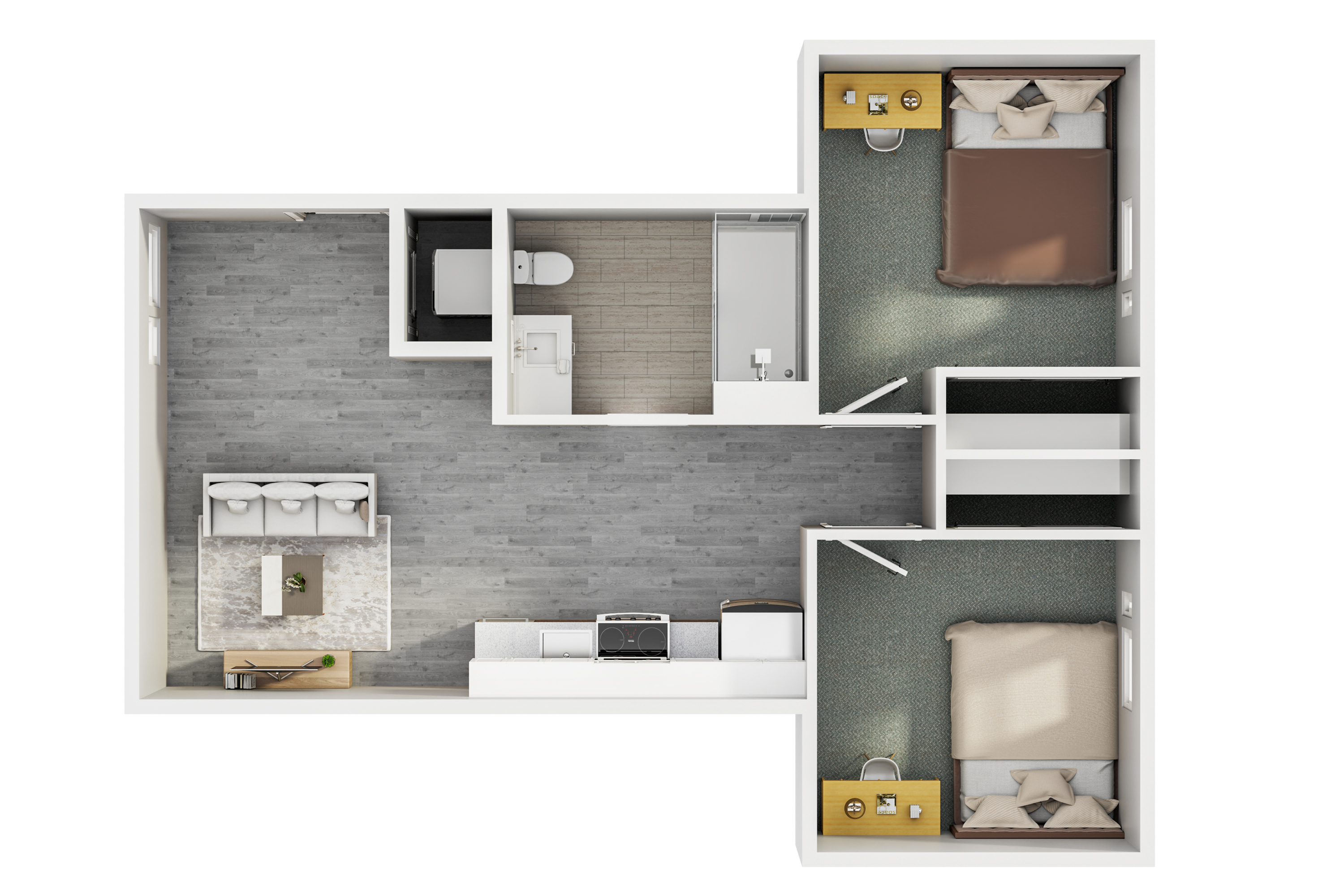 Modern floor plan featuring two bedrooms, open living area, a sleek kitchen, and a bathroom.