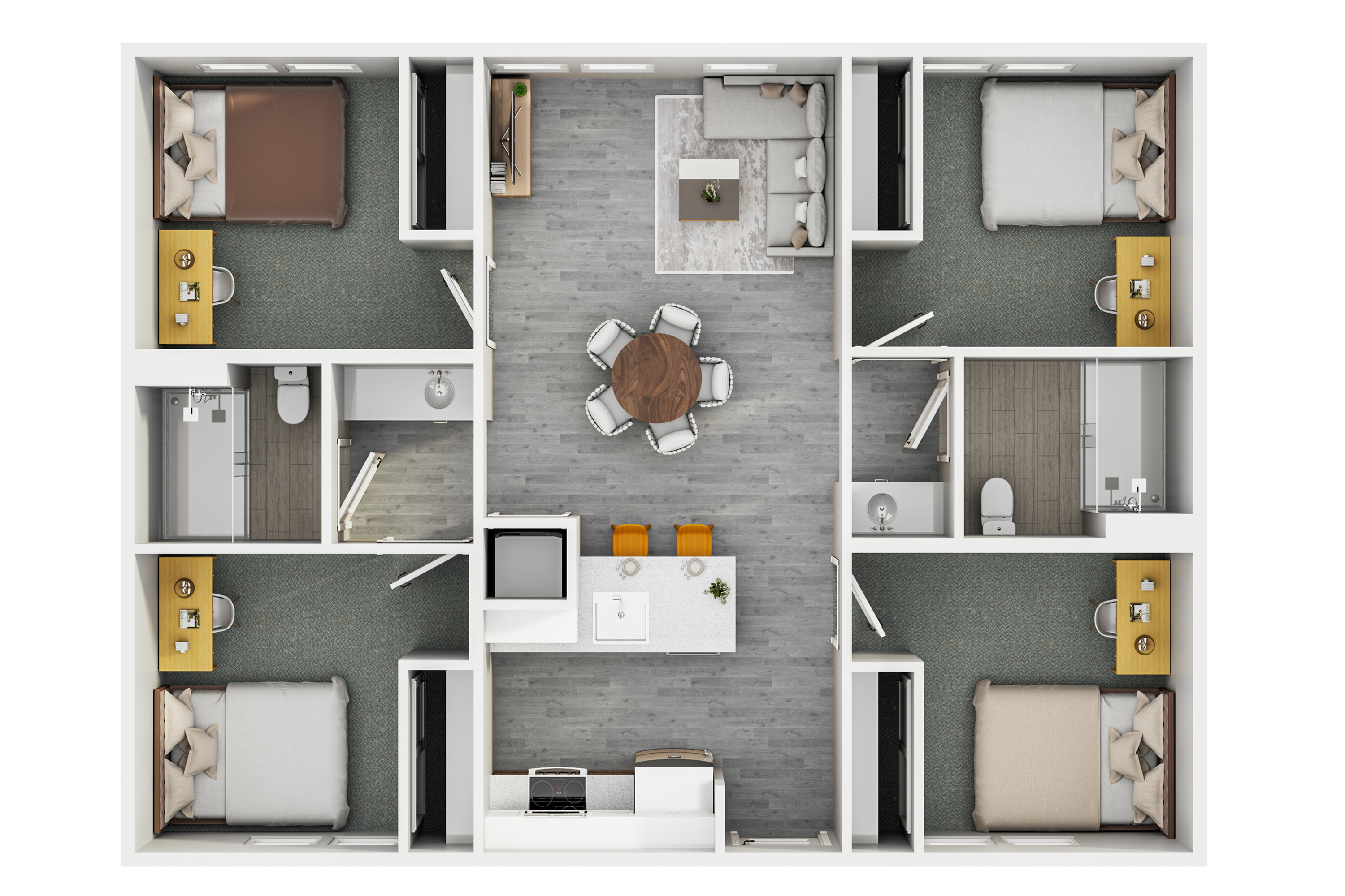 3D floor plan layout featuring four bedrooms, open living area, and modern kitchen.