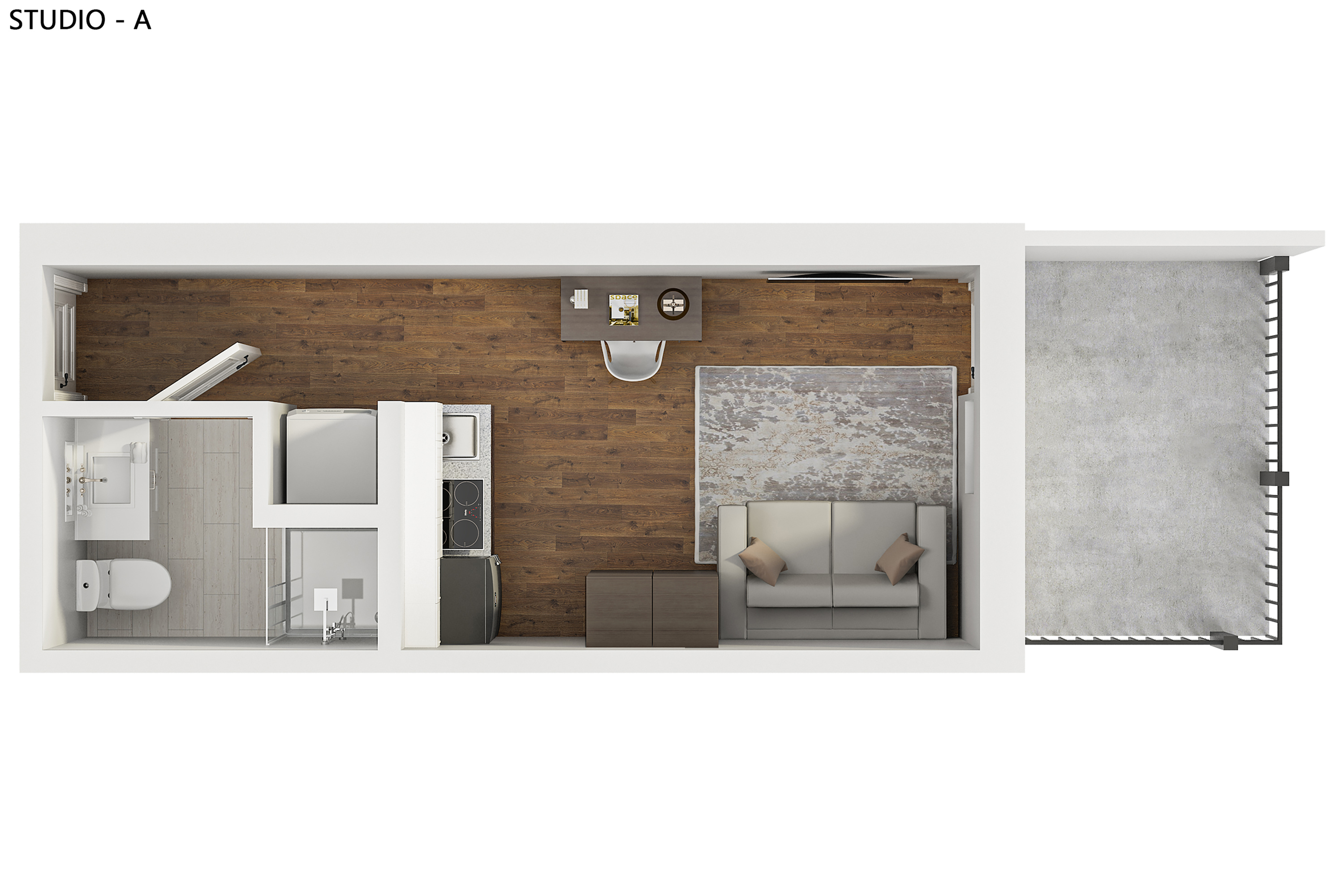Compact studio apartment layout featuring an open-plan living area with modern amenities and a private balcony.