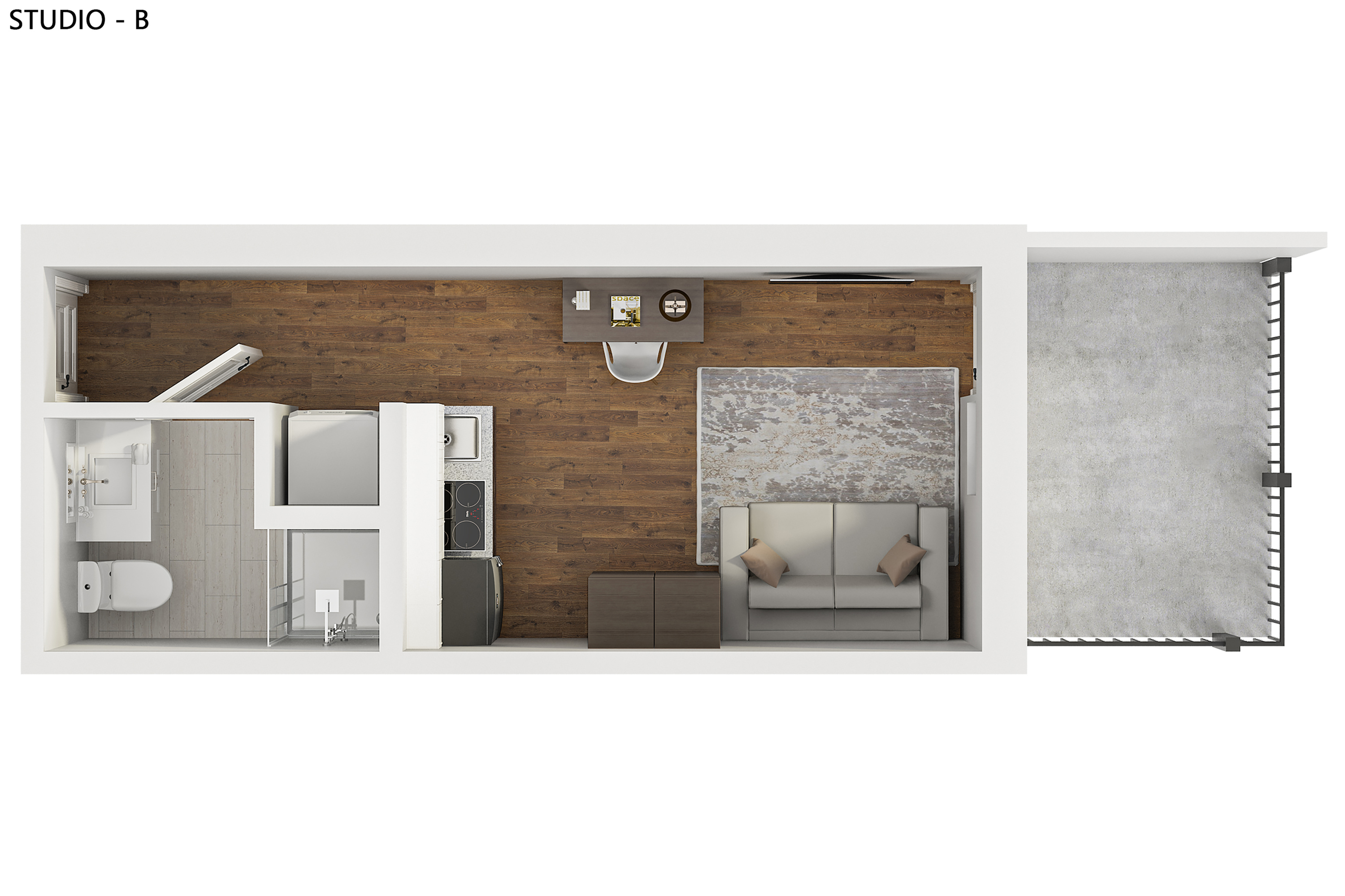 Modern studio apartment layout with a cozy living area, functional kitchen, compact bathroom, and a bright balcony space.