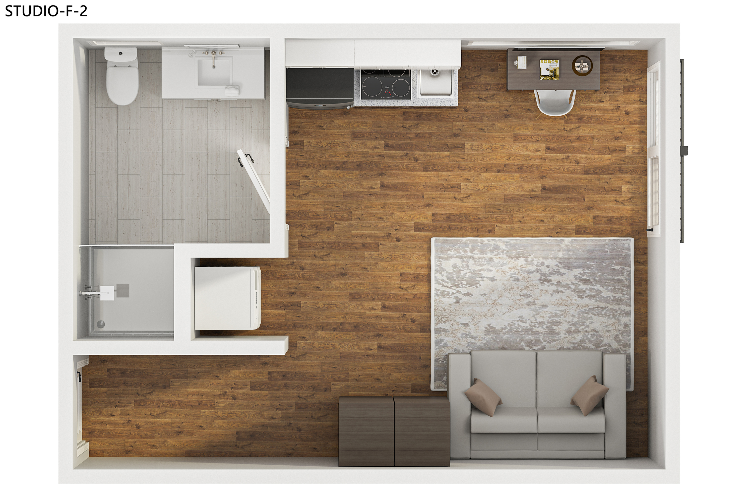 Efficient studio apartment floor plan with open living space, kitchenette, and modern bathroom.