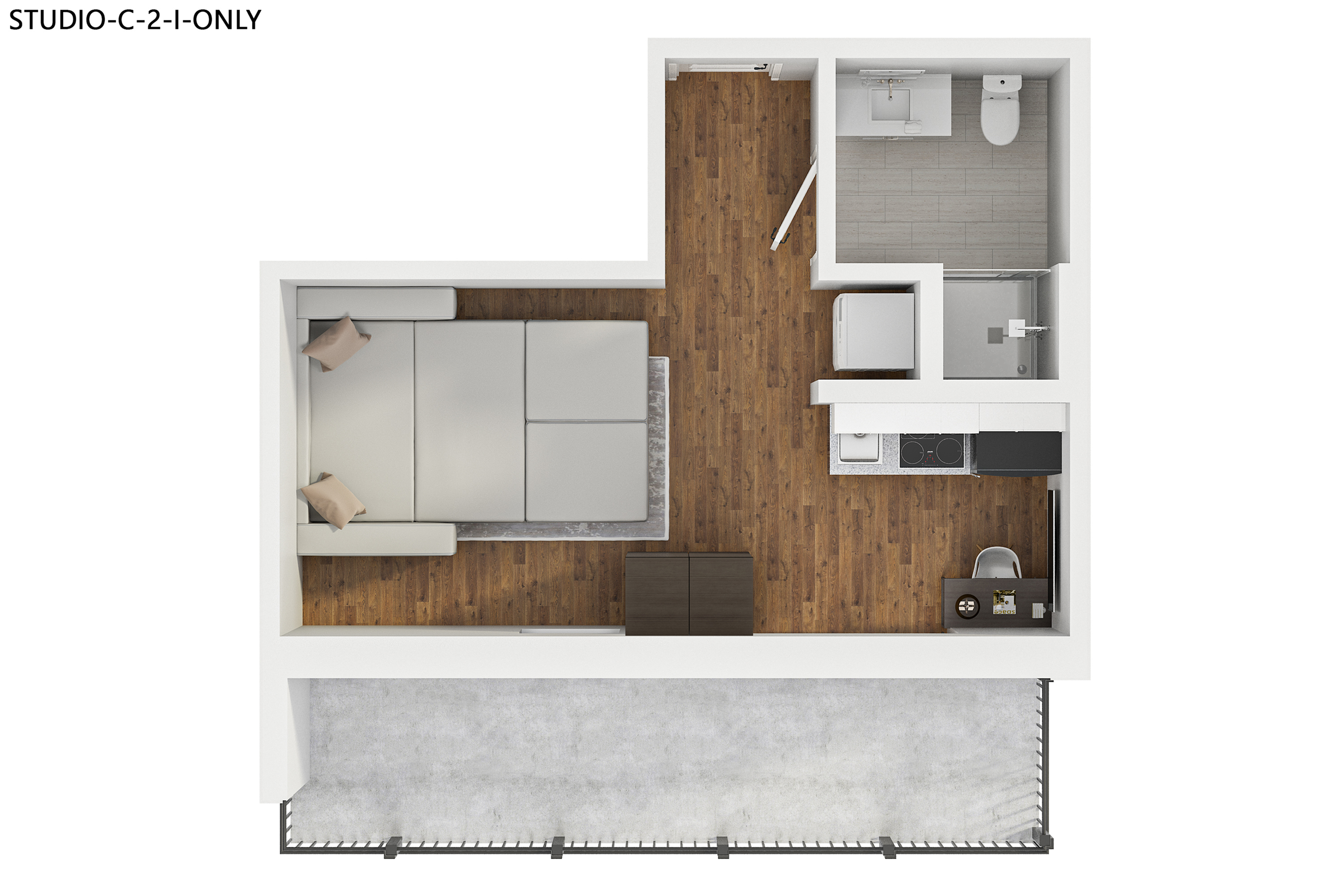 Efficient studio floor plan featuring a combined living area and kitchenette with a modern bathroom.