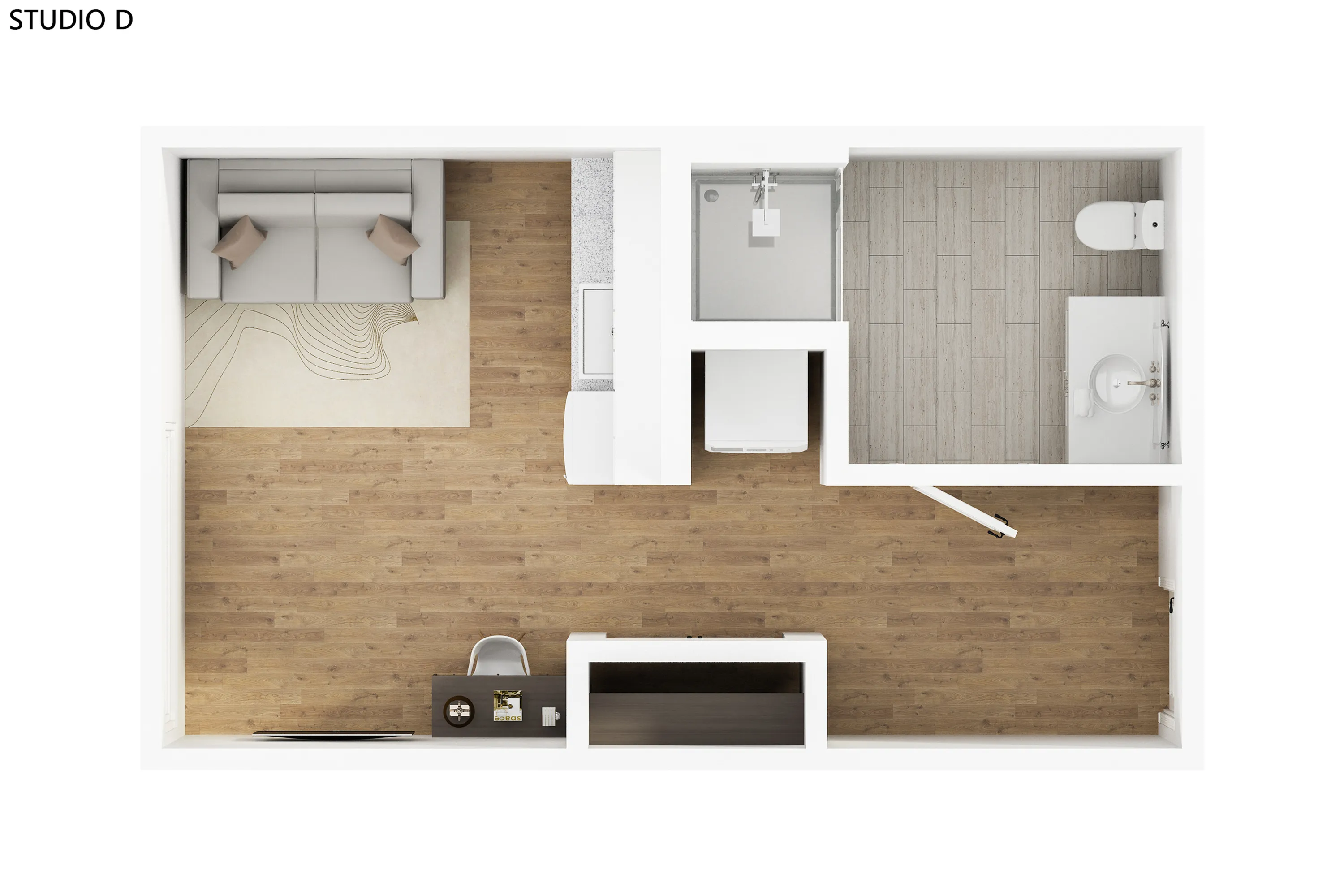 Birdseye view of a modern studio apartment floor plan featuring an open living area and compact bathroom.