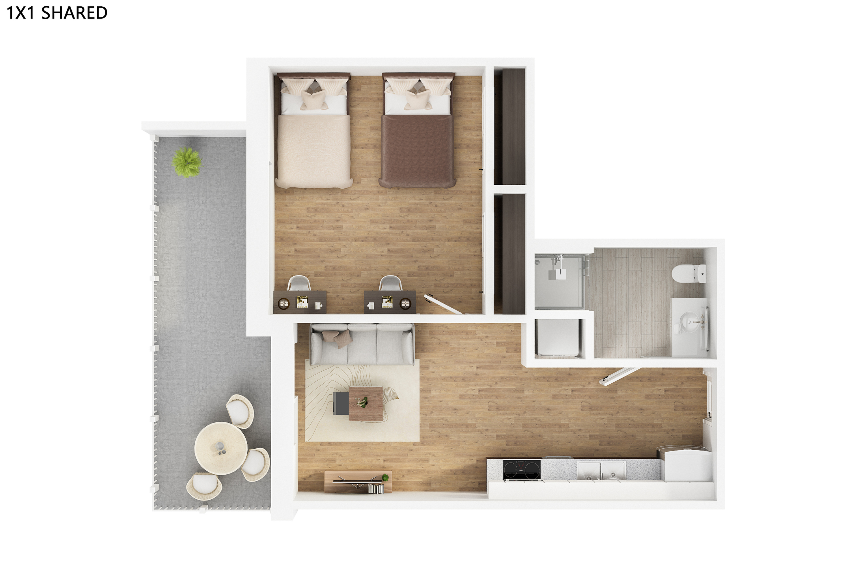 Chic floor plan of a one-bedroom apartment with shared living space, showcasing modern design.