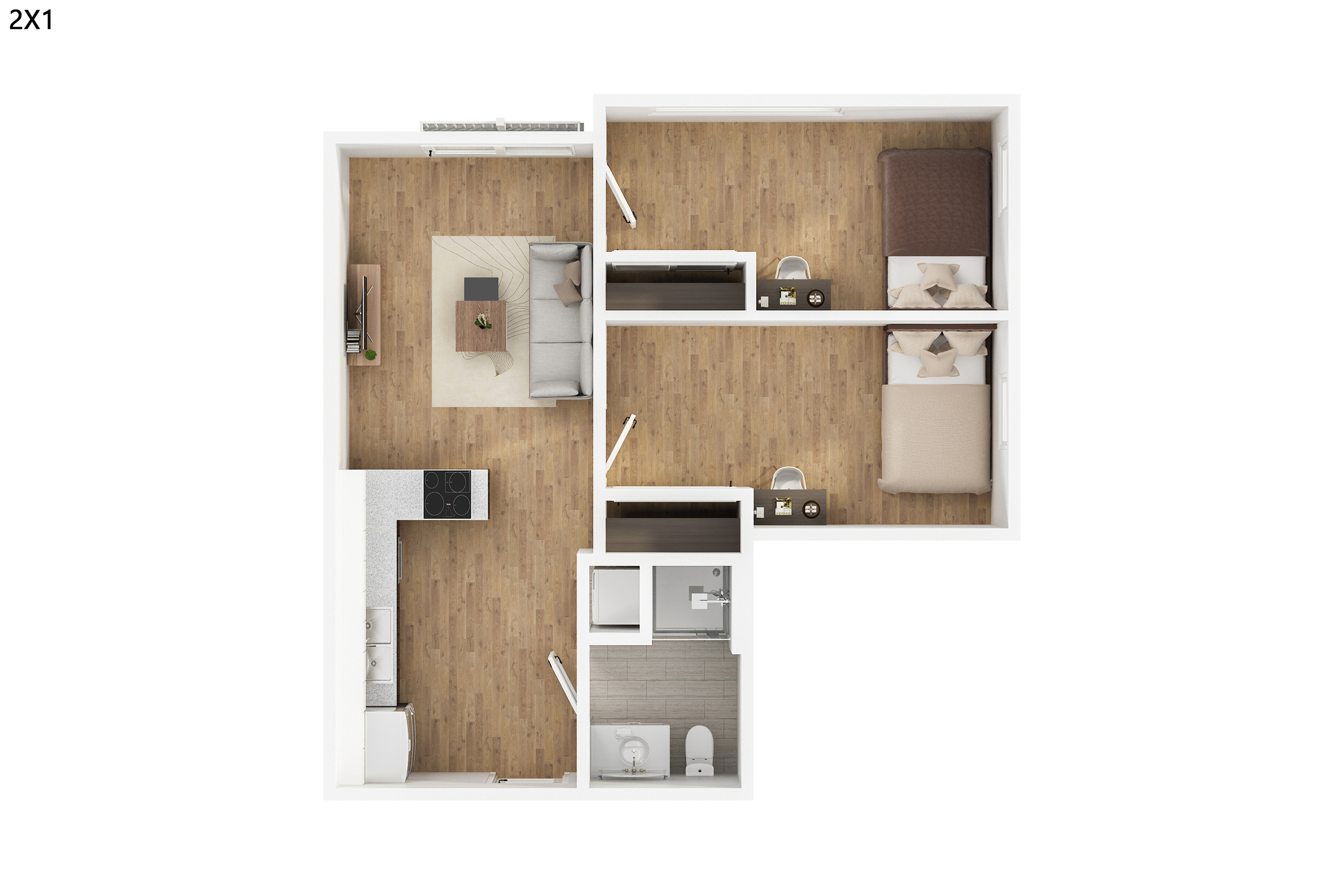 Contemporary 2D floor plan of a 2-bedroom apartment featuring an open living area and modern kitchen.