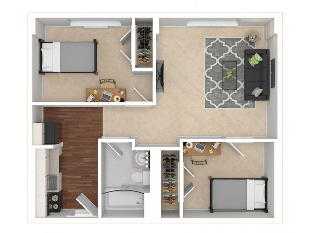 2 Bed, 1 Bath floor plan