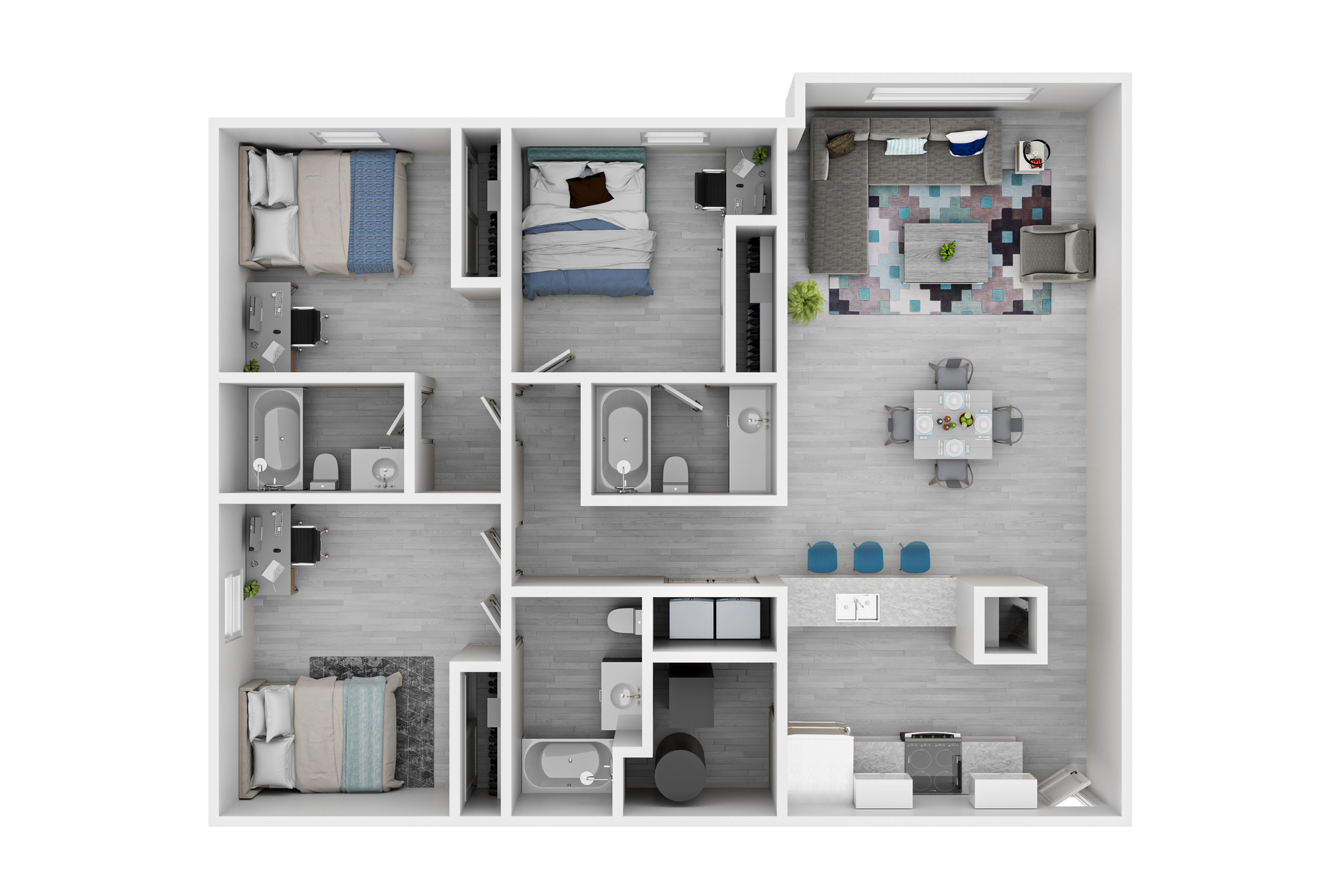 Modern 3-bedroom floor plan with two elegant bathrooms, a spacious open-plan living and dining area, and a sleek kitchen island with bar seating.