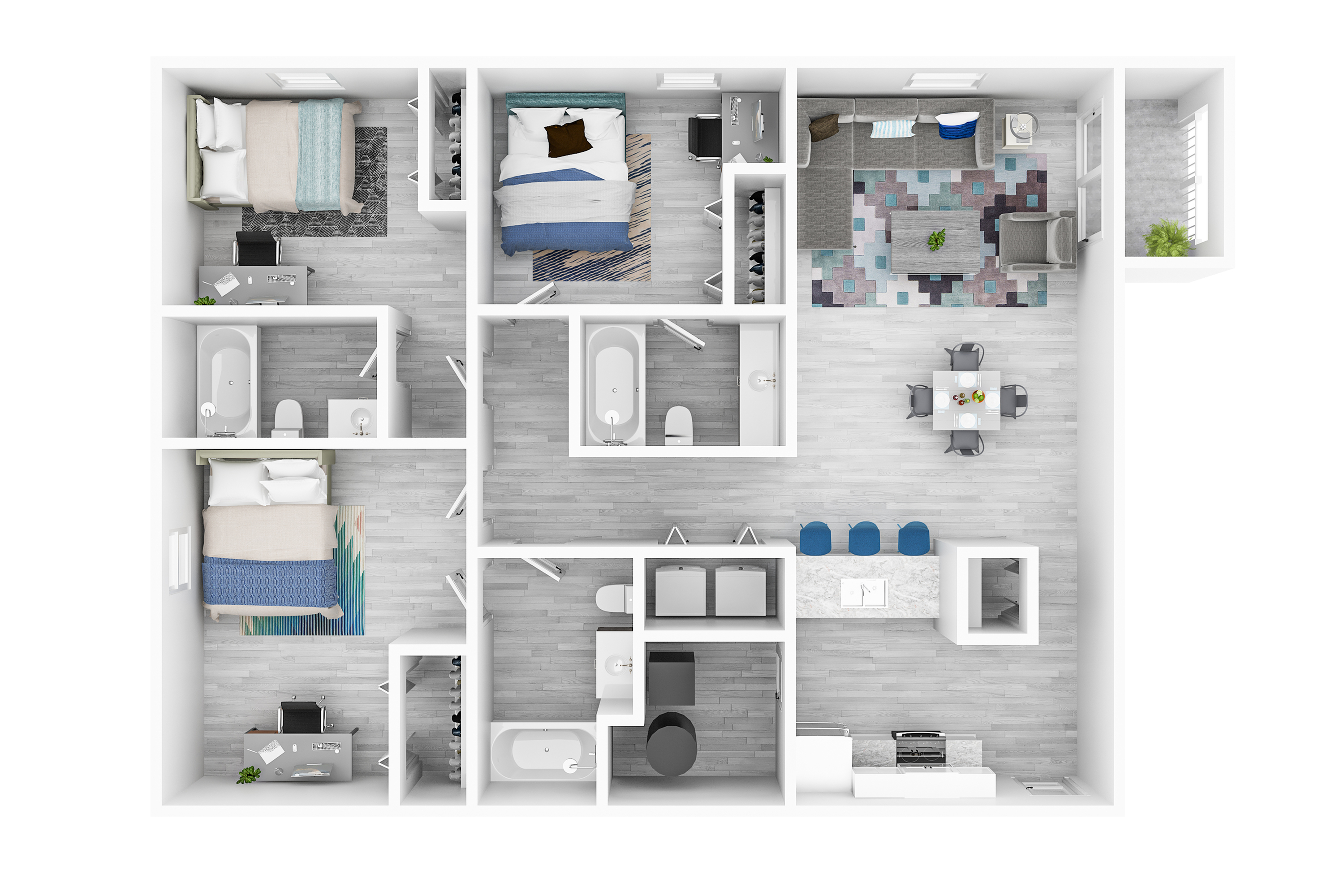 Modern 3D floor plan displaying 3 bedrooms, a sleek open-concept kitchen with island seating, and a cozy living area with stylish decor.