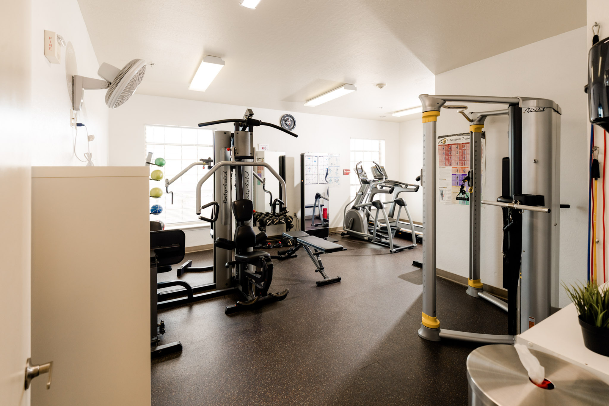 Modern fitness center with state-of-the-art gym equipment, including weight machines, exercise bikes, and a serene atmosphere.