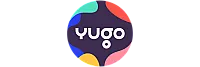 Vibrant and dynamic Yugo logo design featuring playful, colorful shapes encircling bold, modern typography.