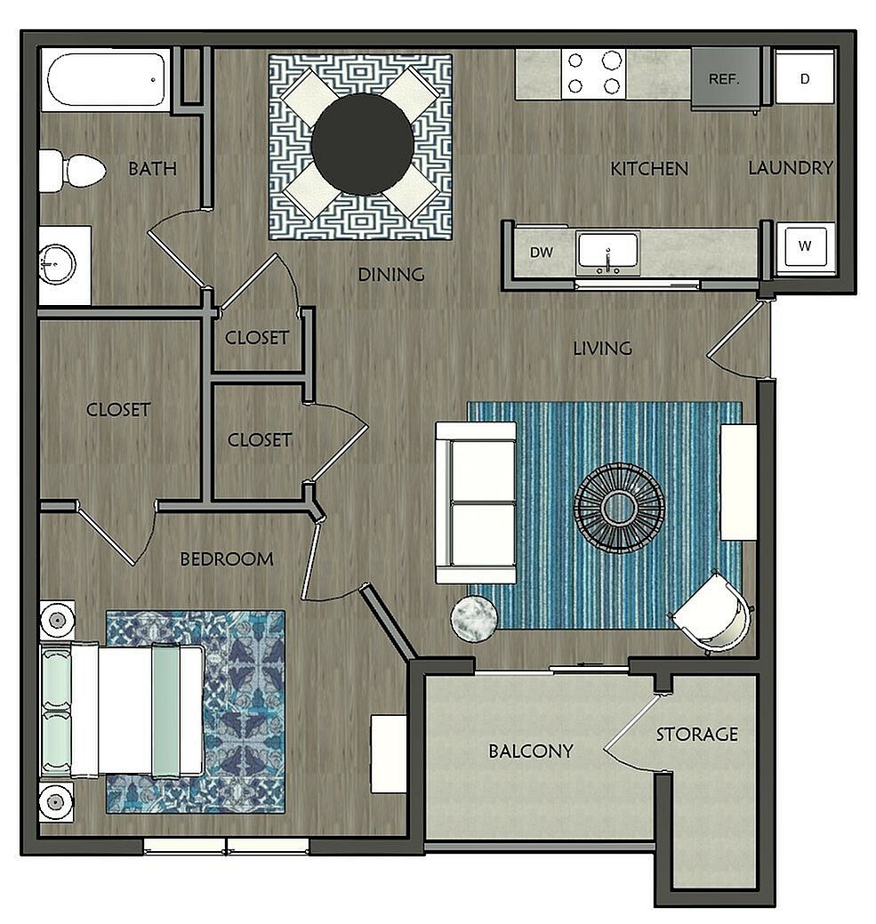 Contemporary floor plan featuring 1 bedroom, open living area, and a modern kitchen with balcony access.