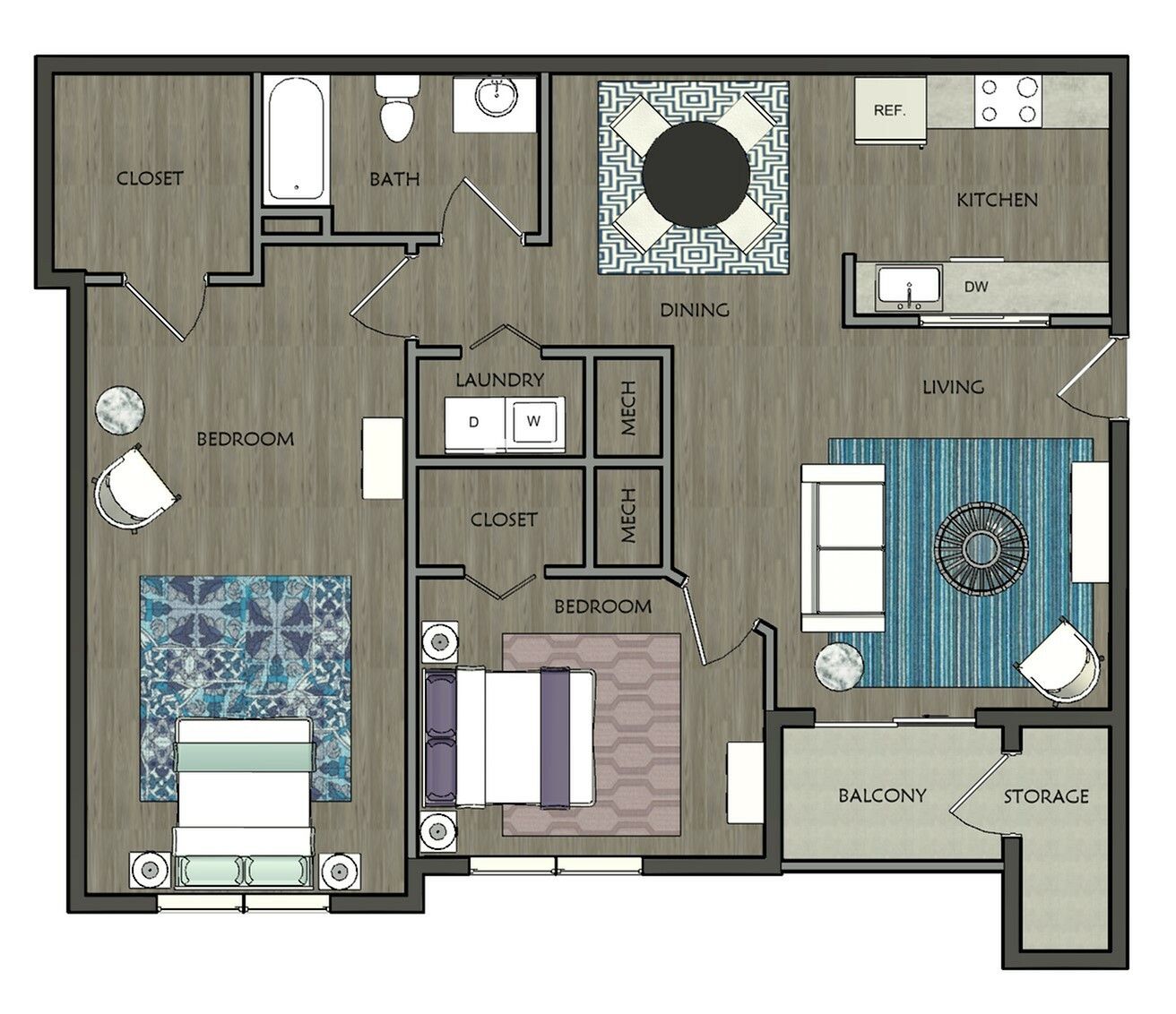 Modern floor plan showcasing 2 bedrooms, open living area, kitchen, and balcony.