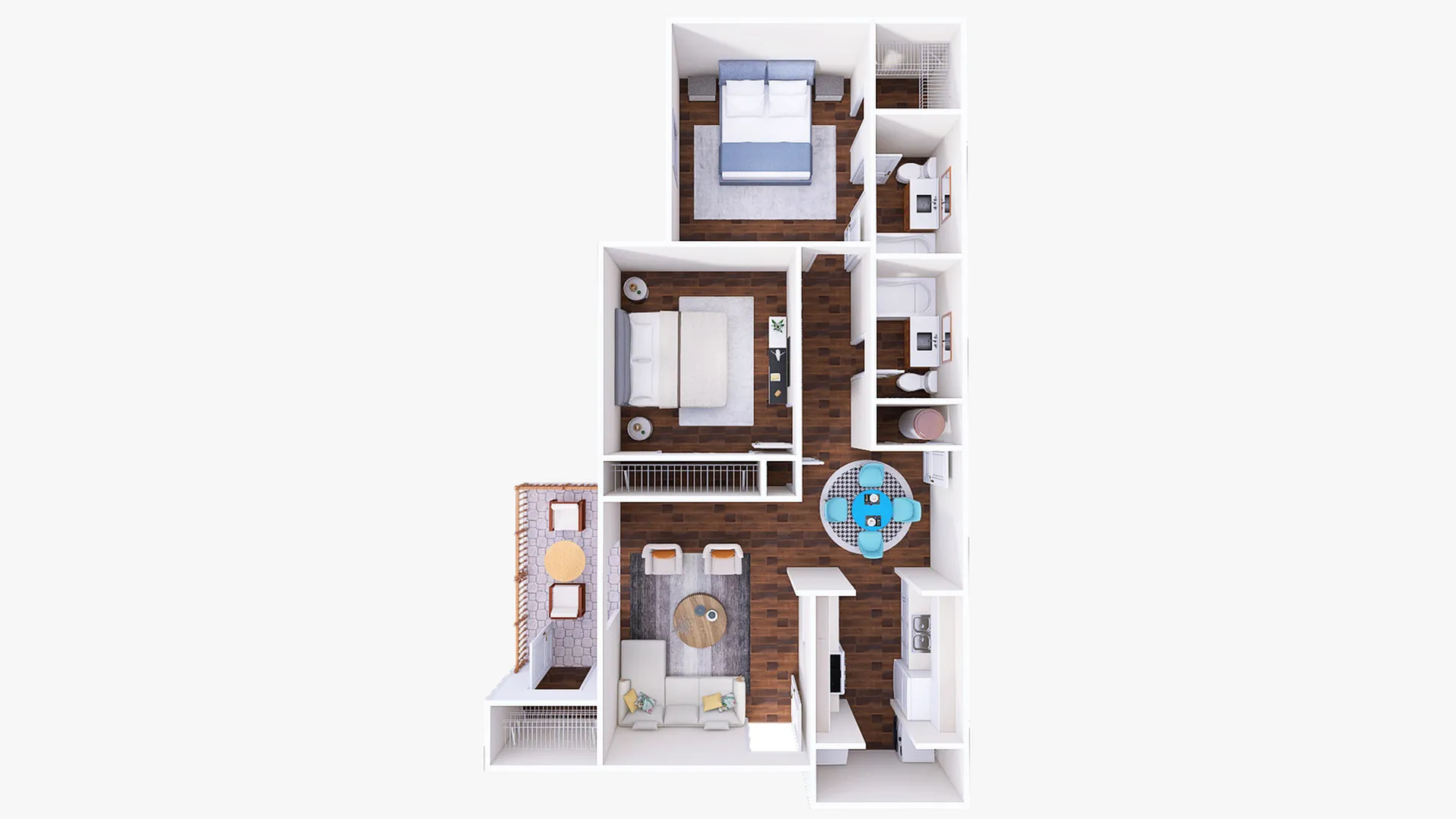 Chic 3D floor plan with 2 cozy bedrooms, modern kitchen, inviting living room, and charming balcony view.
