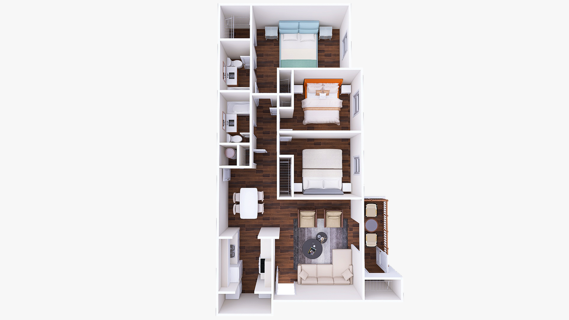 Modern 3D floor plan showcasing 3 cozy bedrooms, a stylish open living and dining area, and a compact kitchen with a balcony.
