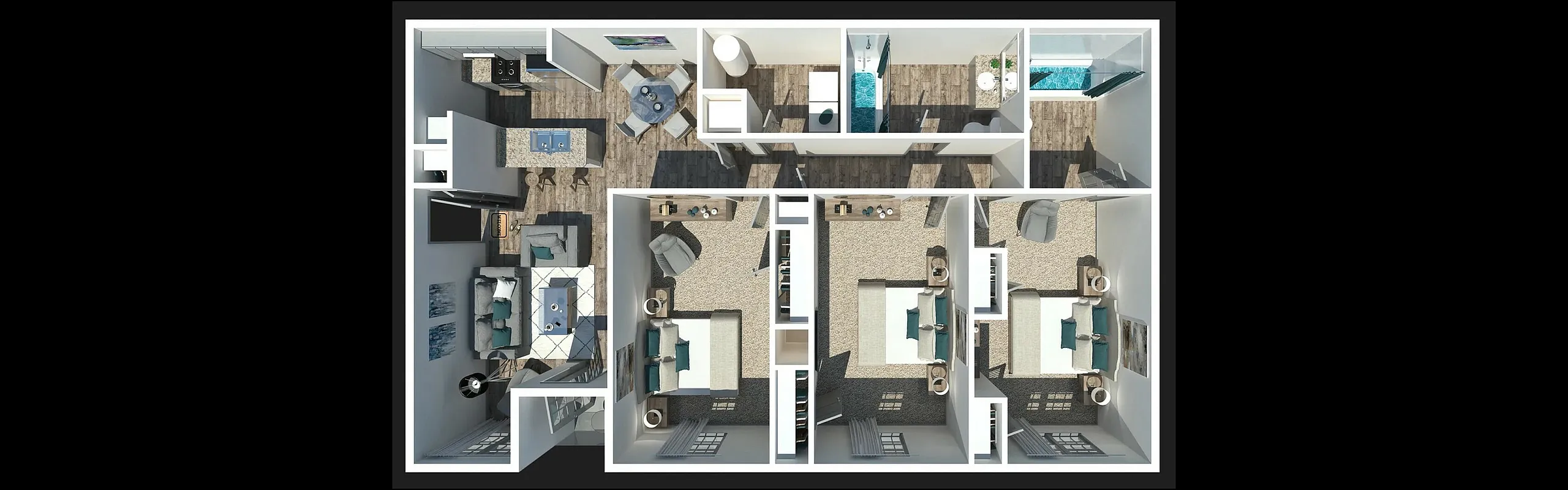 Contemporary 3D floor plan with two spacious bedrooms, modern kitchen, cozy living area, and elegant dining space.