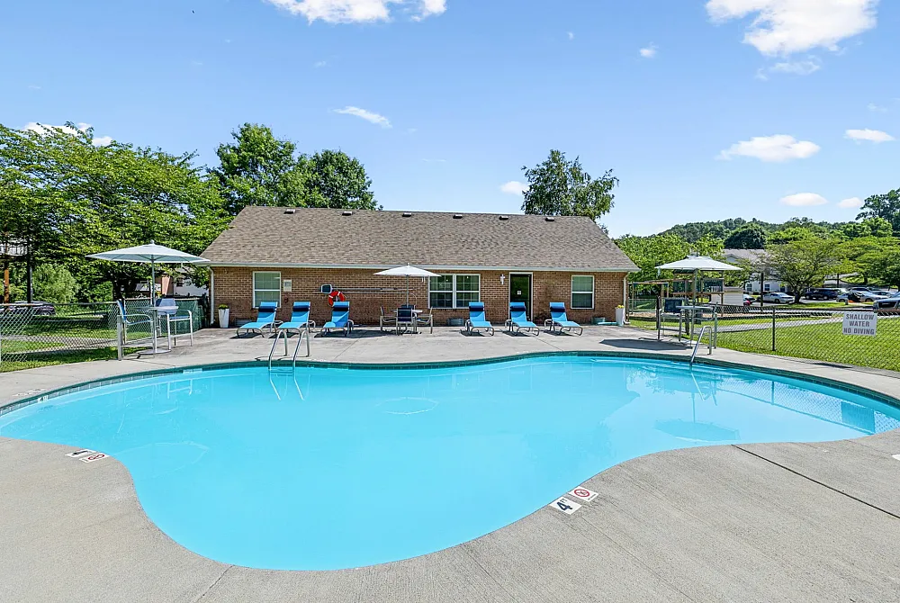 Inviting outdoor pool with sun loungers and umbrellas, nestled amidst lush greenery and under a clear blue sky.