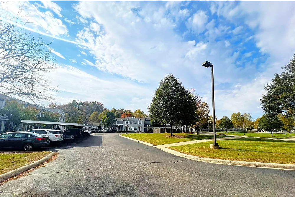 Charming suburban community with tree-lined streets, ample parking, and picturesque greenery under a bright blue sky.