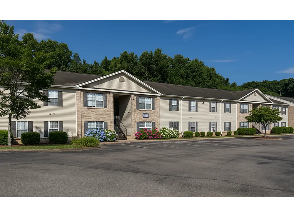 Charming two-story apartment building with beautifully landscaped grounds and ample parking, surrounded by lush greenery and under a clear blue sky.