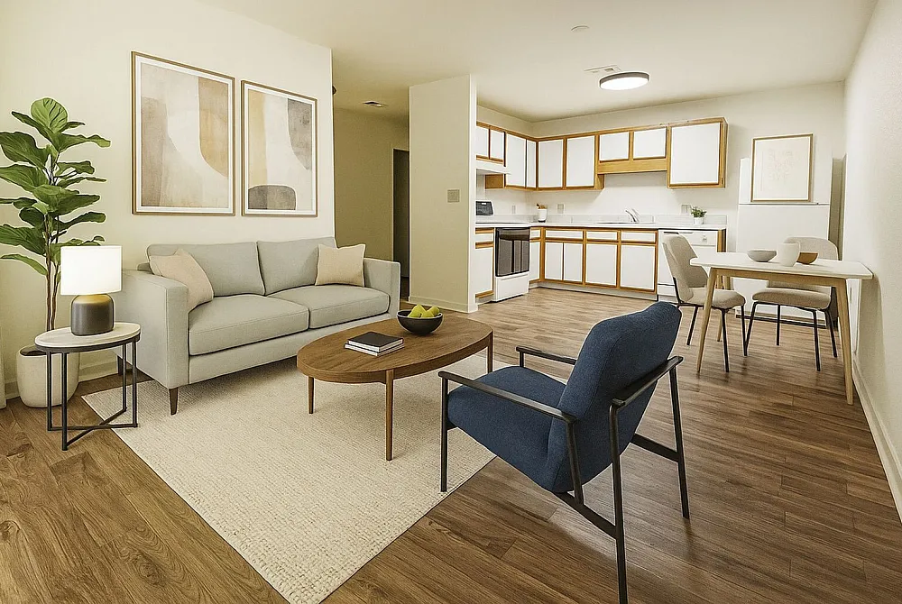 Charming open-concept living space with modern furnishings, cozy seating area, and a sleek kitchen featuring wooden cabinetry and contemporary decor.