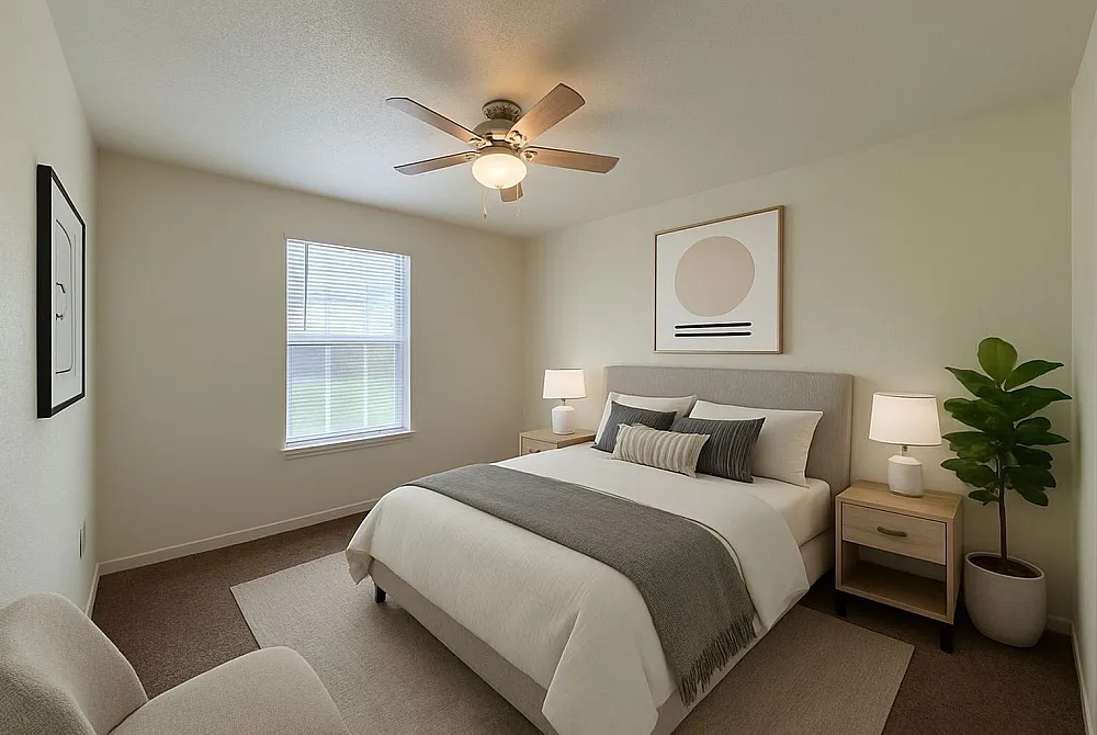 Inviting bedroom with a plush bed, elegant decor, ceiling fan, and natural light streaming in through a large window.