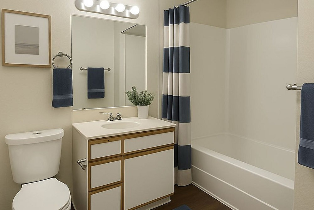 Bright and modern bathroom featuring elegant wooden flooring, stylish vanity, and a contemporary shower area with blue accents.