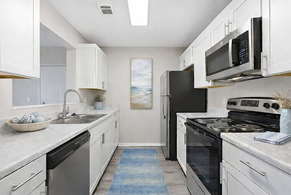 Modern kitchen with sleek stainless steel appliances, elegant white cabinetry, and a stylish blue rug accentuating the space.