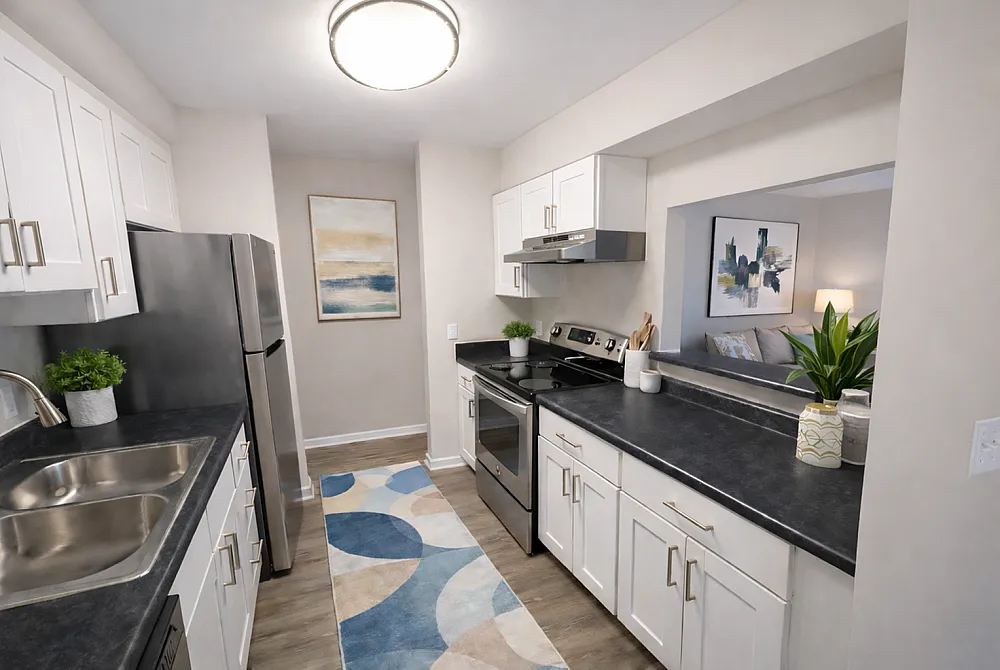 Modern kitchen design with sleek black countertops, stainless steel appliances, and bright white cabinetry, featuring a decorative rug and stylish greenery accents.