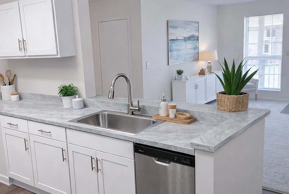 Modern kitchen with sleek gray countertops, stainless steel appliances, and abundant natural light.