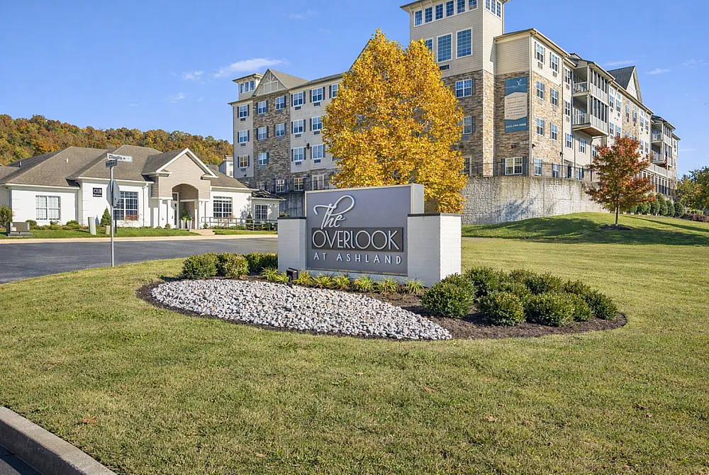 Charming residential community at The Overlook at Ashland, featuring modern architecture and lush landscaping under a clear blue sky.