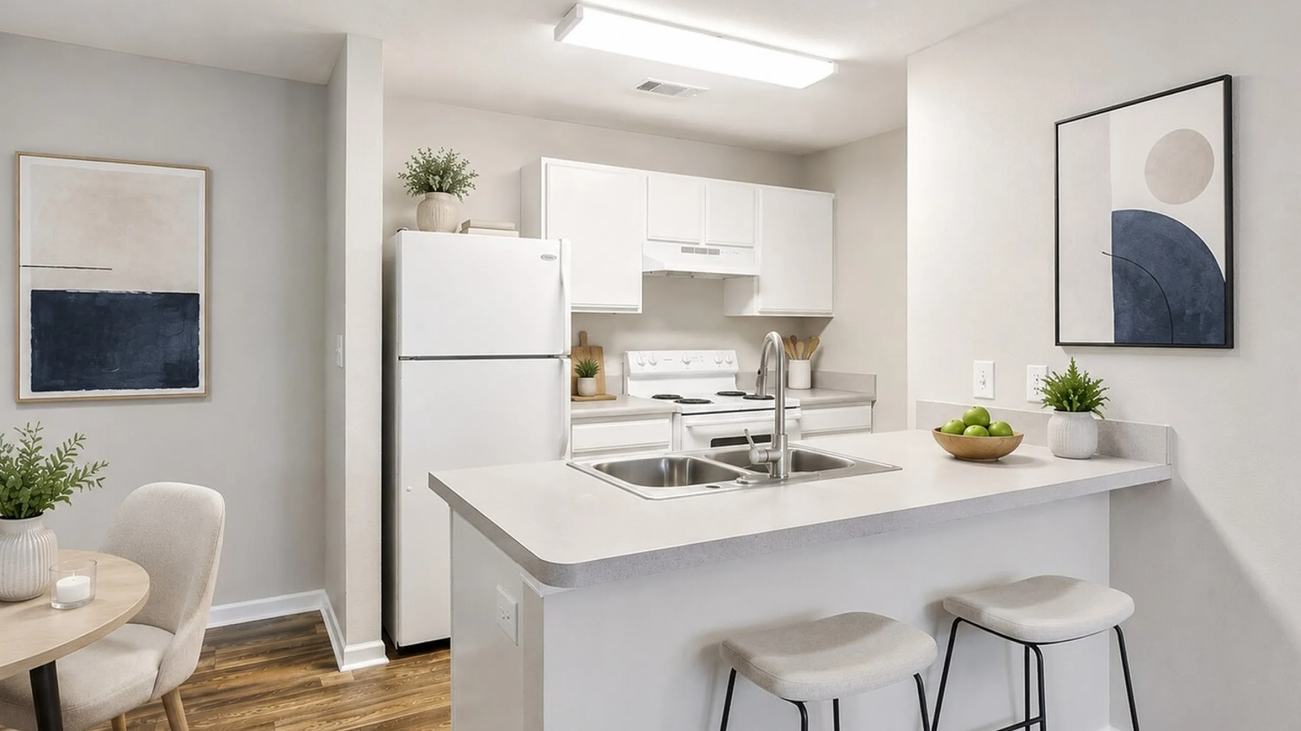 Modern kitchen with clean white cabinetry, cozy breakfast bar, and stylish dining area, perfect for contemporary living.