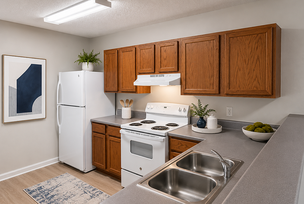 Inviting kitchen with modern appliances, warm wooden cabinetry, and stylish decor, perfect for culinary creativity.