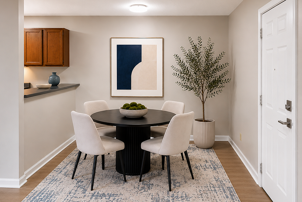 Elegant dining area with a round black table, four cushioned chairs, and modern decor accents, perfect for intimate gatherings.