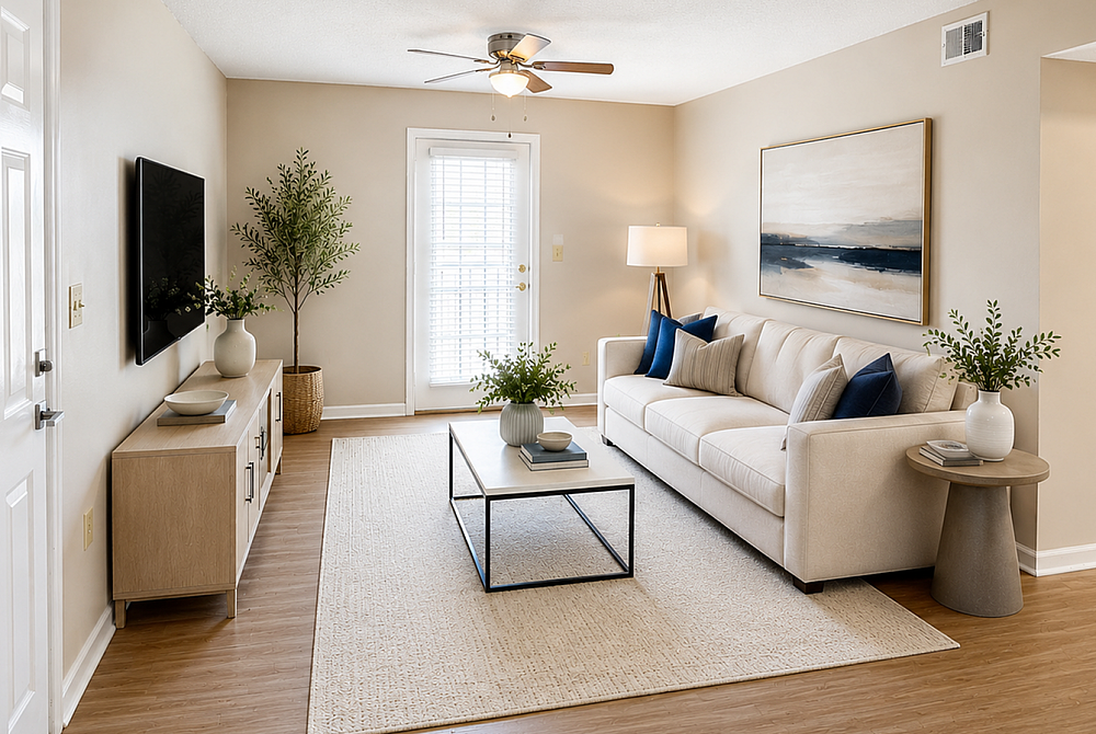 Inviting living room with modern decor, comfortable beige sofa, sleek coffee table, and elegant accents in sunlit space.