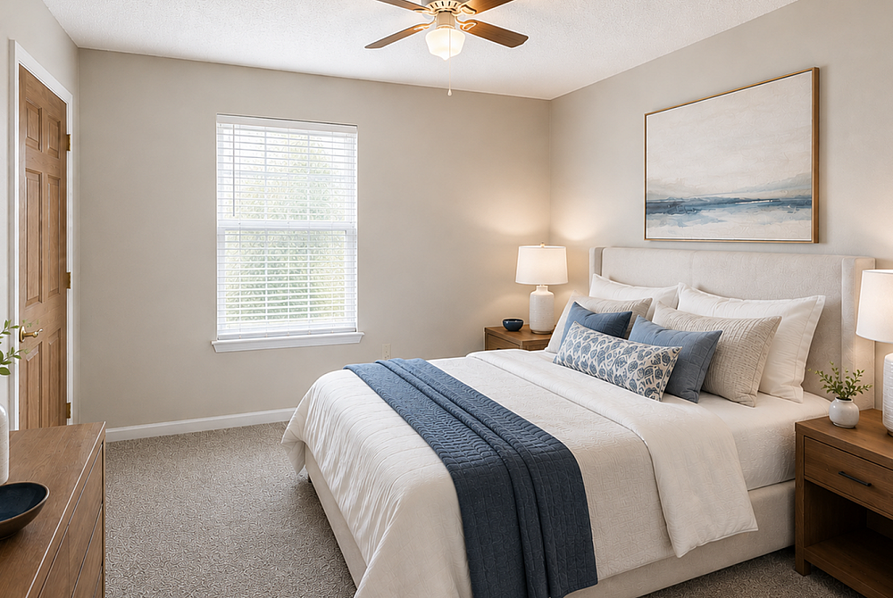Serene bedroom with a plush bed, elegant decor, and ample natural light filtering through a large window. The warm tones and stylish design create a cozy, inviting atmosphere.