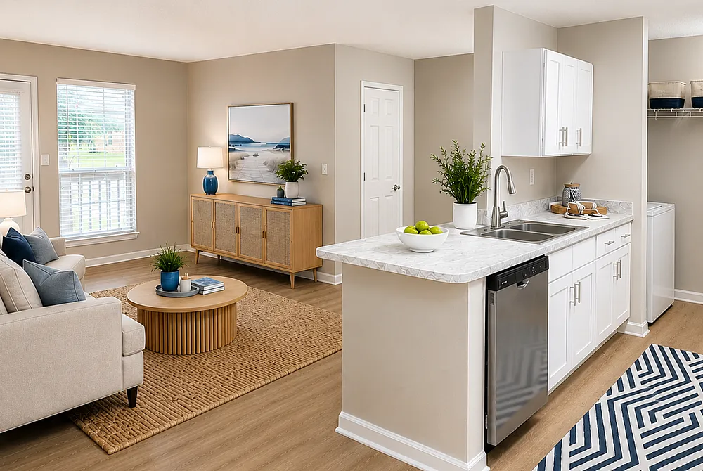 Charming open-concept living area with modern kitchen, cozy seating, and abundant natural light.