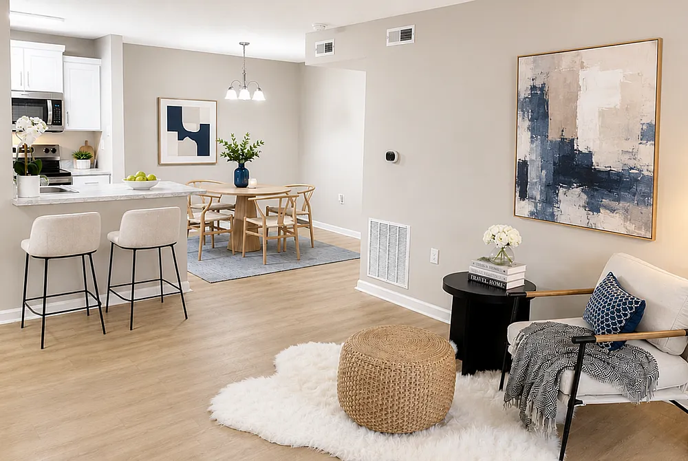 Inviting open-concept living space with modern kitchen, cozy seating area, and stylish dining setup.