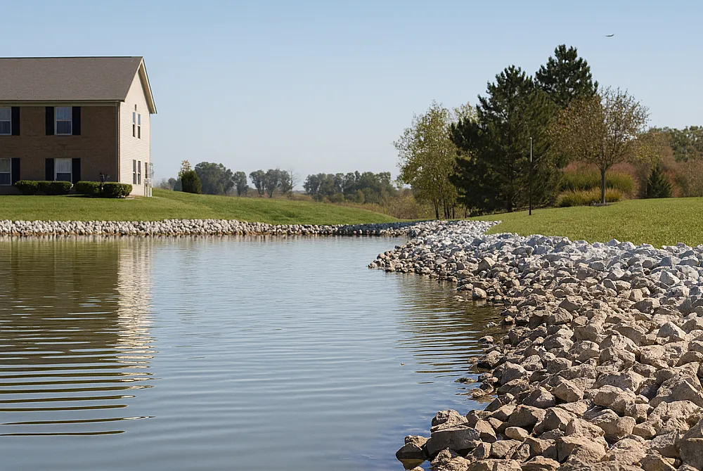 Serene lakeside view with a charming house, lush green lawn, and tranquil water surrounded by natural landscaping.