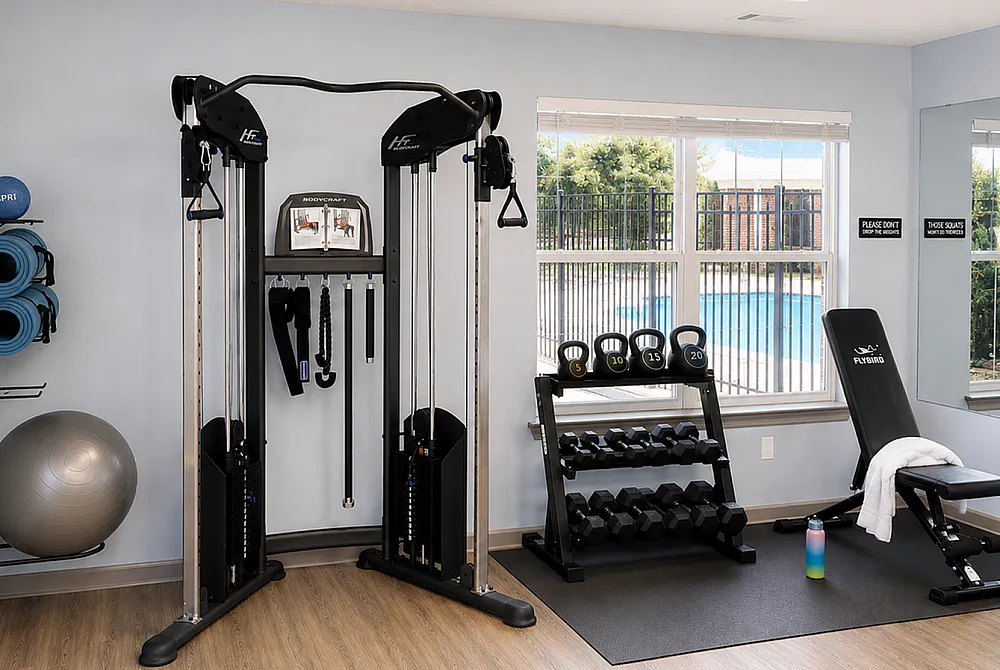 Modern fitness room with state-of-the-art equipment, including a cable machine, kettlebells, yoga mats, and a bench, overlooking a serene pool area.