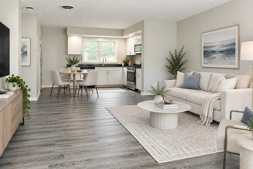 Chic open-plan living space with modern kitchen, cozy lounge, and stylish decor, featuring lush greenery and elegant furnishings.