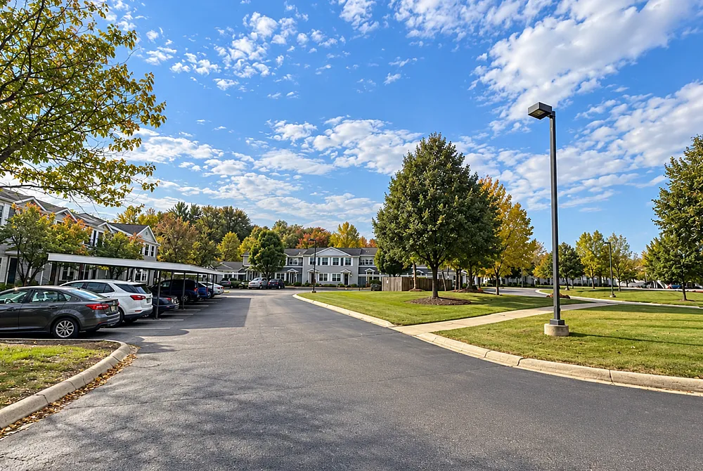 Charming apartment complex with tree-lined walkways, ample parking, and vibrant green spaces under a bright blue sky.