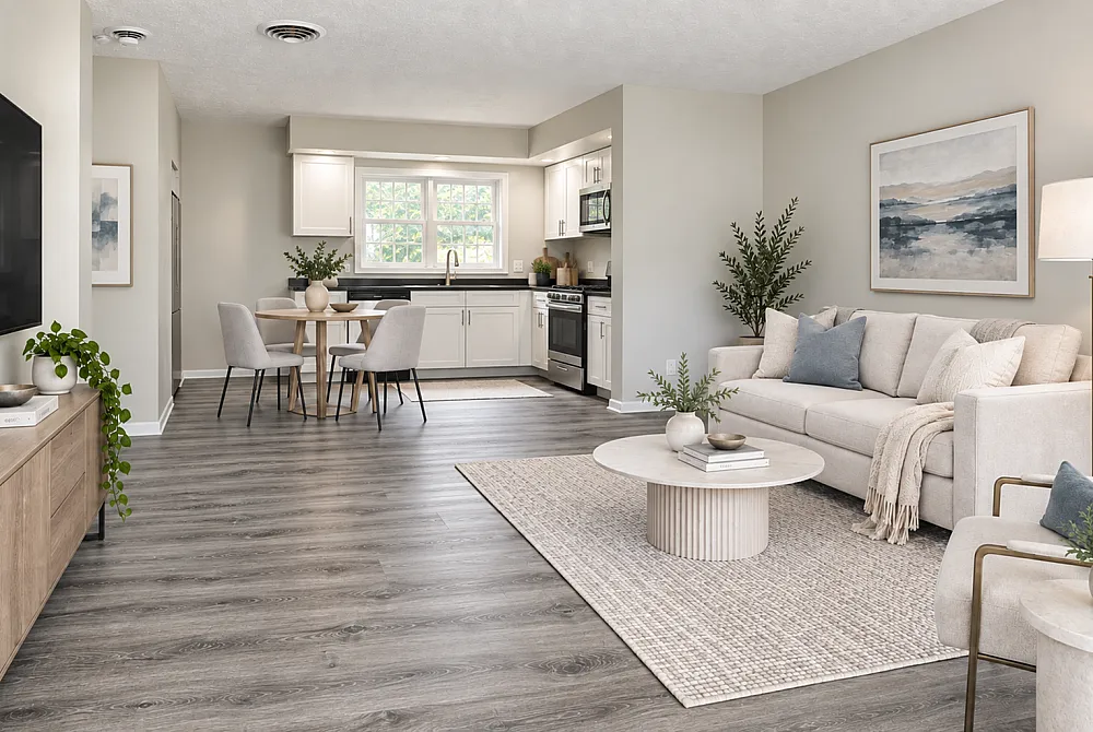 Elegant open-concept living space featuring a modern kitchen, cozy dining area, and stylish living room with contemporary decor and abundant natural light.
