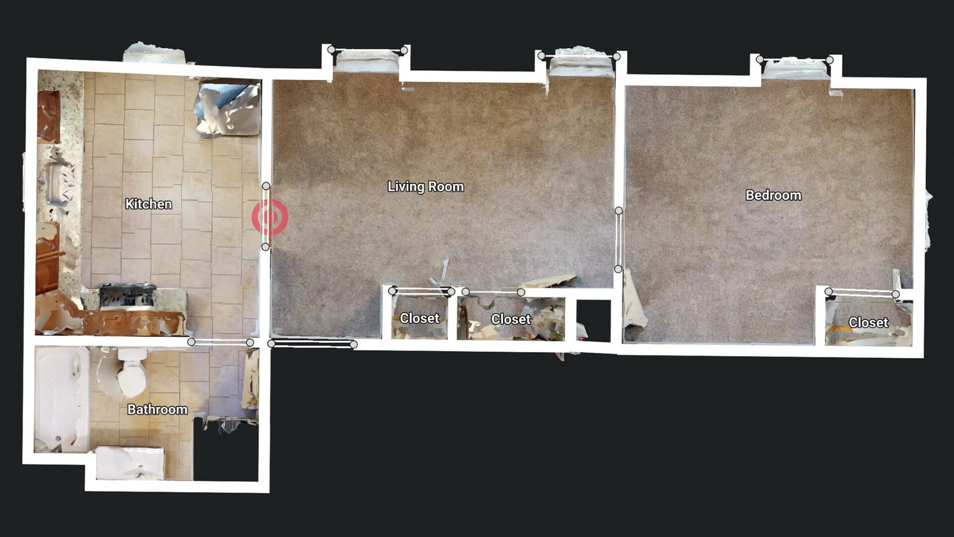 Contemporary 2D floor plan showcasing a cozy 1-bedroom apartment featuring a spacious living room, well-designed kitchen, and convenient bathroom, complemented by ample closet space.