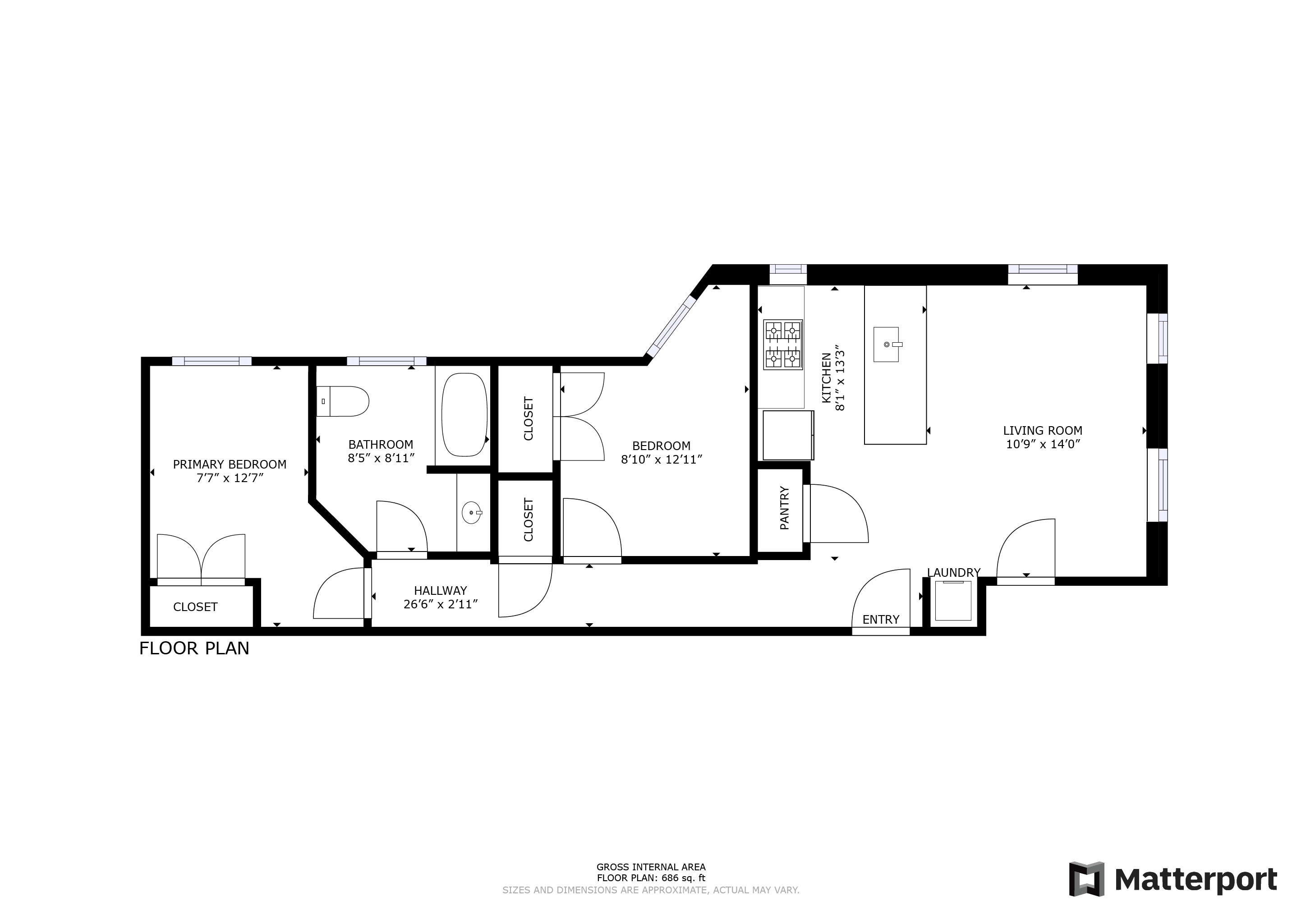 Efficient 2D floor plan highlighting primary bedroom, additional bedroom, spacious living room, modern kitchen, and convenient laundry area, perfect for contemporary living.