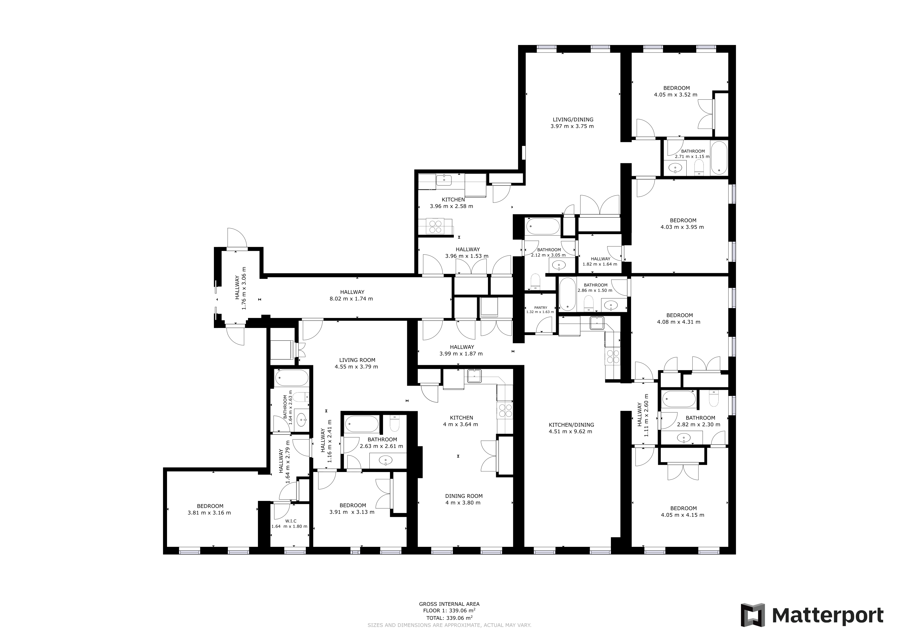 Expansive floor plan featuring 6 bedrooms, multiple living and dining areas, and spacious kitchens, ideal for luxury living.