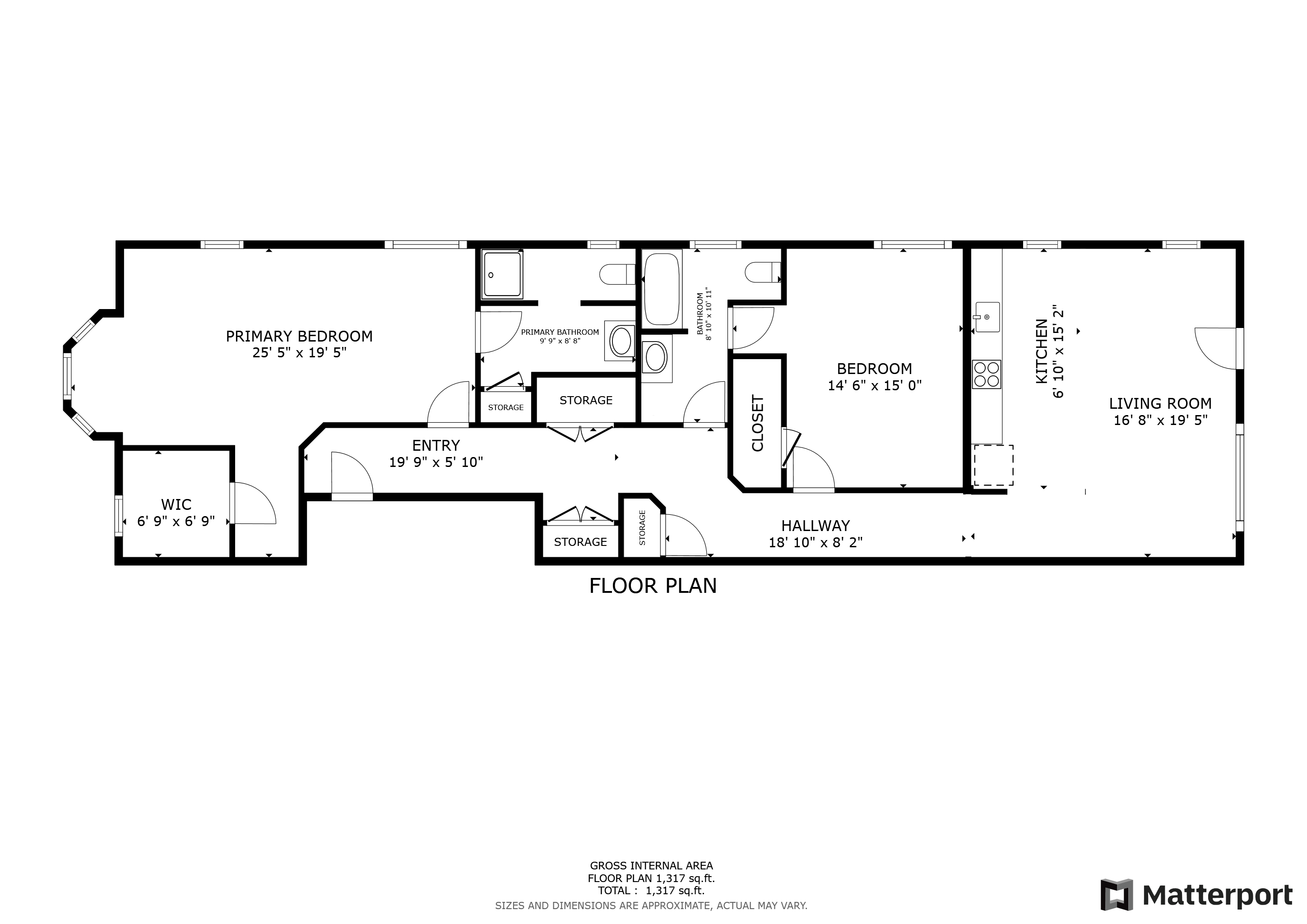 Spacious floor plan featuring a primary bedroom with walk-in closet, additional bedroom, and open living area with kitchen, totaling 1,317 sq ft.
