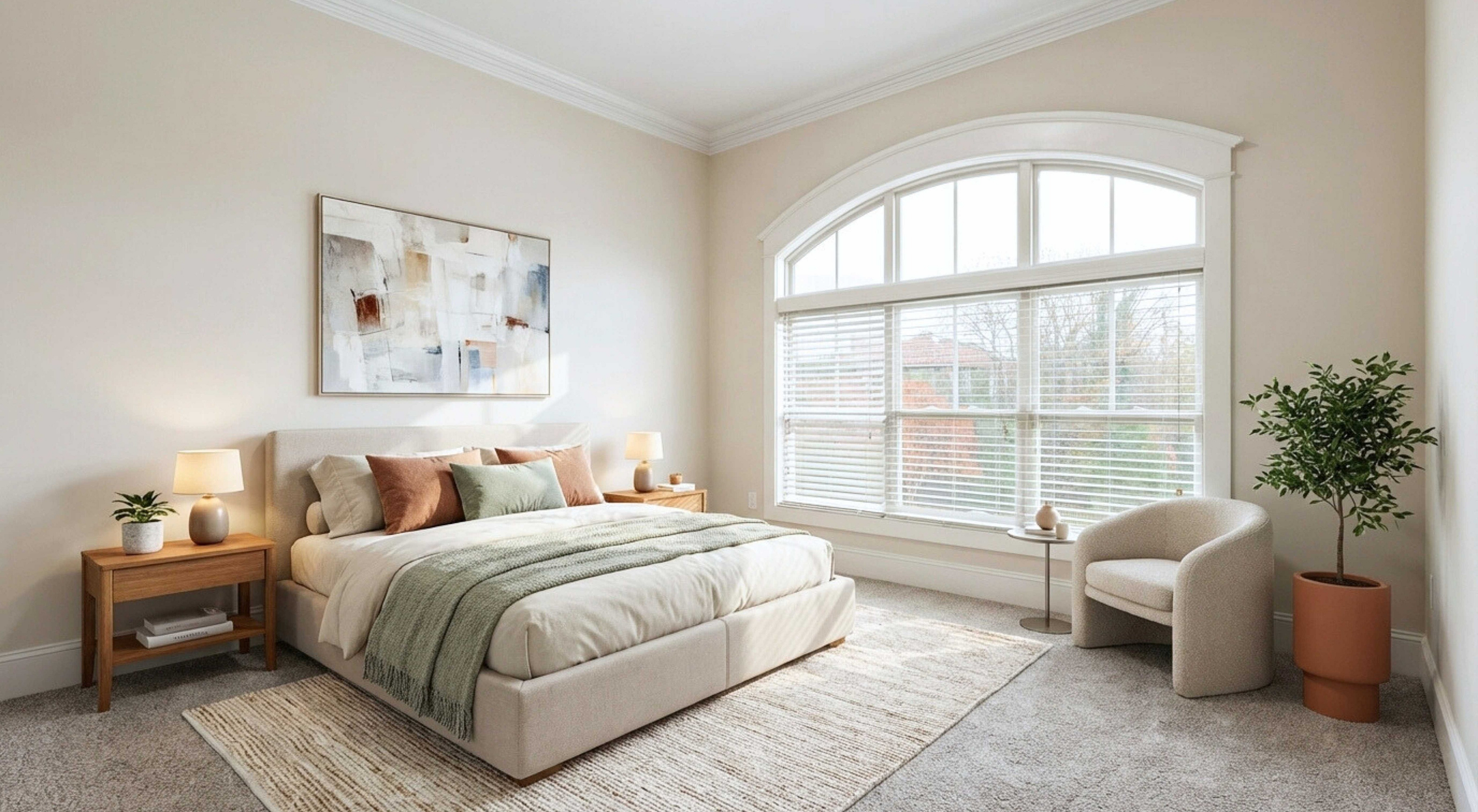 Bright and inviting bedroom with a plush bed, modern decor, large arched window, and cozy reading nook.