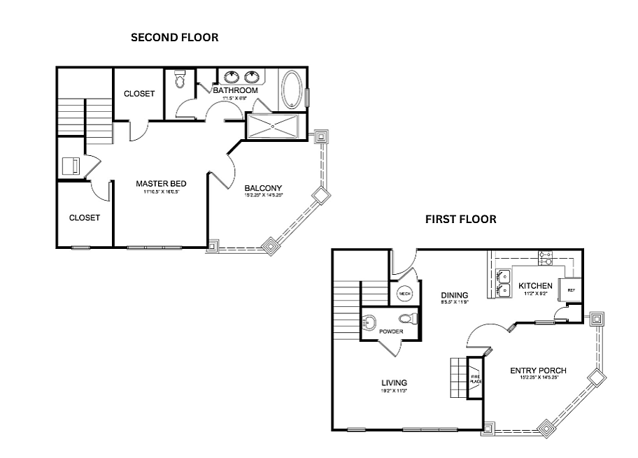 Chic two-story floor plan showcasing a spacious master bedroom with balcony, elegant kitchen, and inviting living area with entry porch.